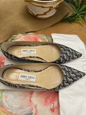 Jimmy Choo Black and Gray Monogram Pointed Toe Flats